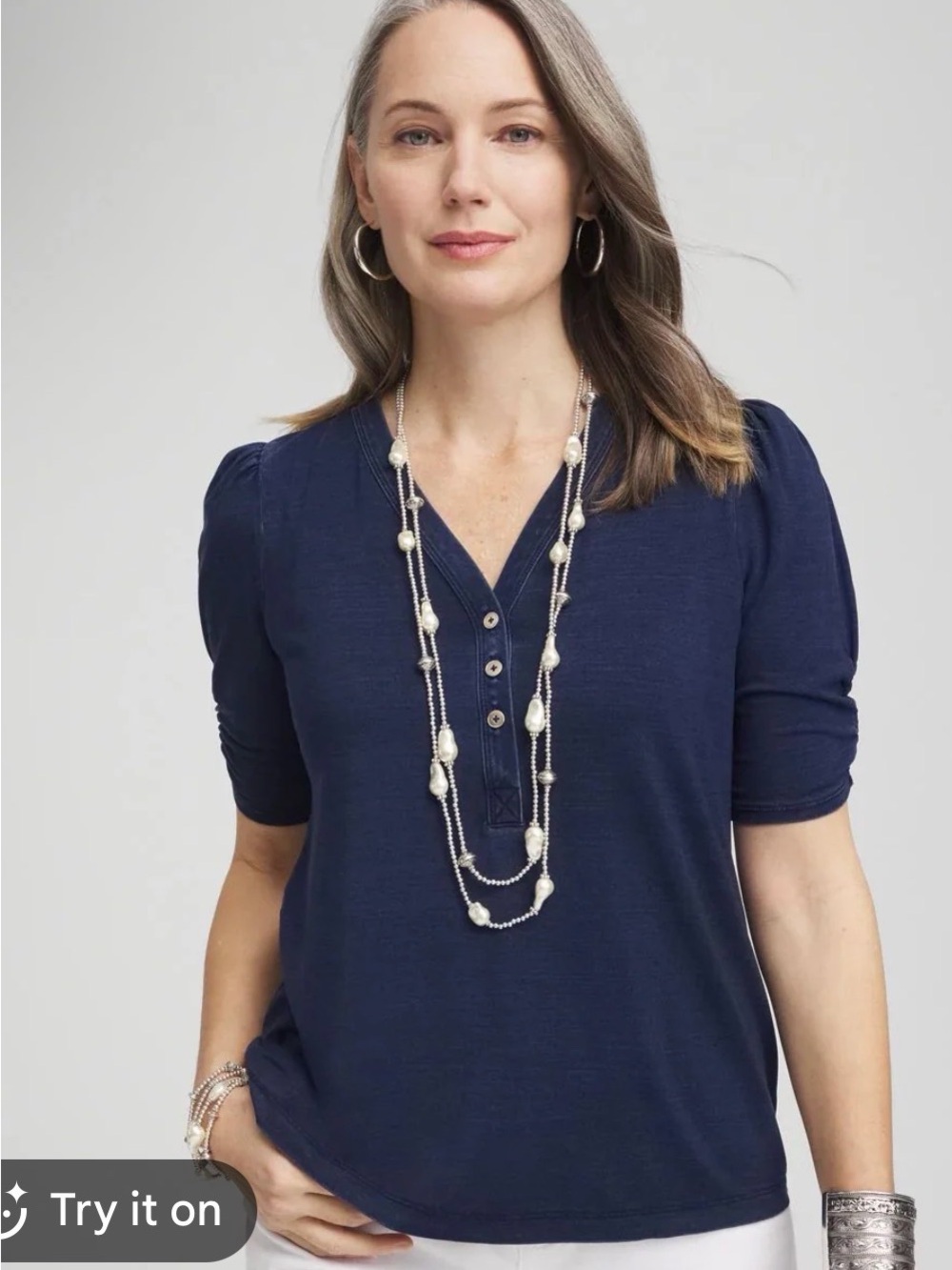 Chico’s Denim Shirred-Sleeve Henley Tee size large